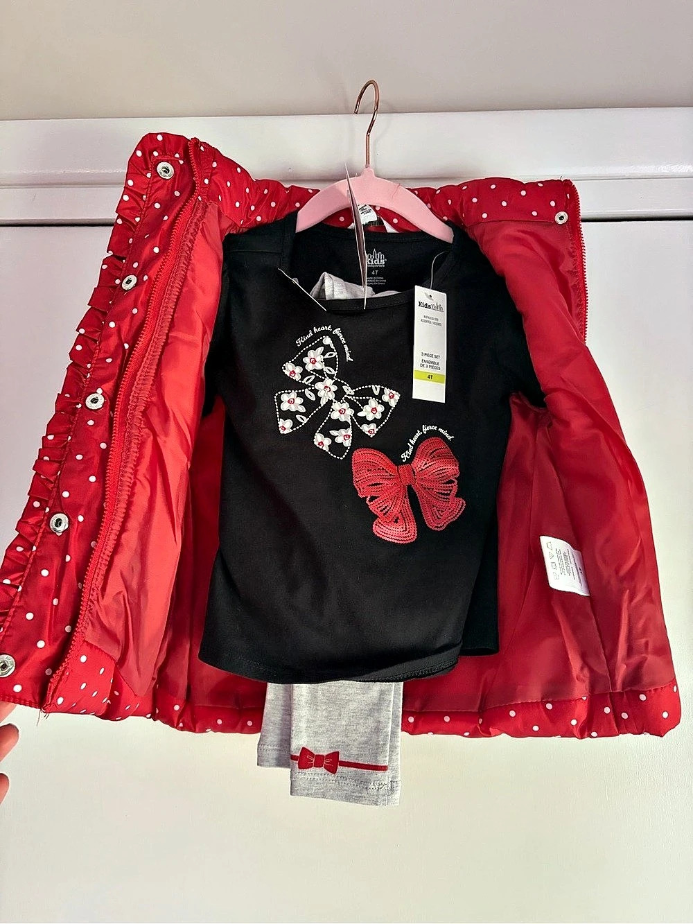 Kids Headquarters 3-Piece Polka Dot Puffer Vest Outfit Set 4T